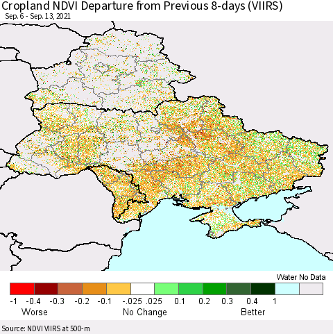 Ukraine, Moldova and Belarus Cropland NDVI Departure from Previous 8-days (VIIRS) Thematic Map For 9/6/2021 - 9/13/2021