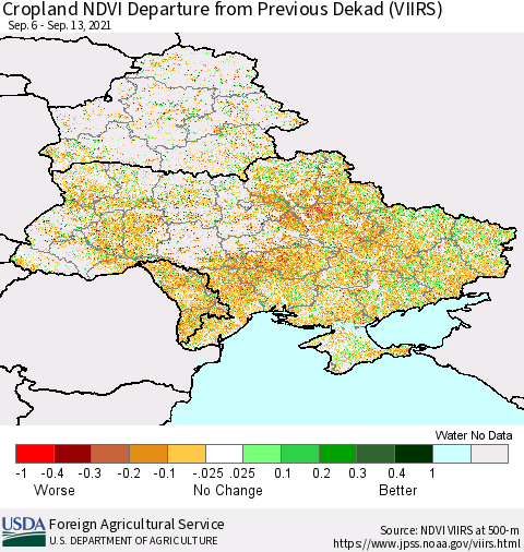 Ukraine, Moldova and Belarus Cropland NDVI Departure from Previous Dekad (VIIRS) Thematic Map For 9/11/2021 - 9/20/2021