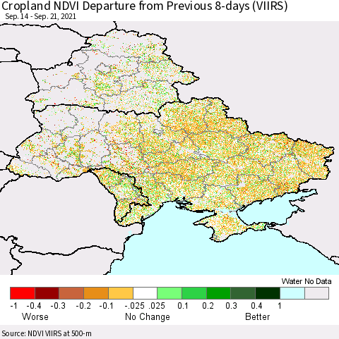 Ukraine, Moldova and Belarus Cropland NDVI Departure from Previous 8-days (VIIRS) Thematic Map For 9/14/2021 - 9/21/2021