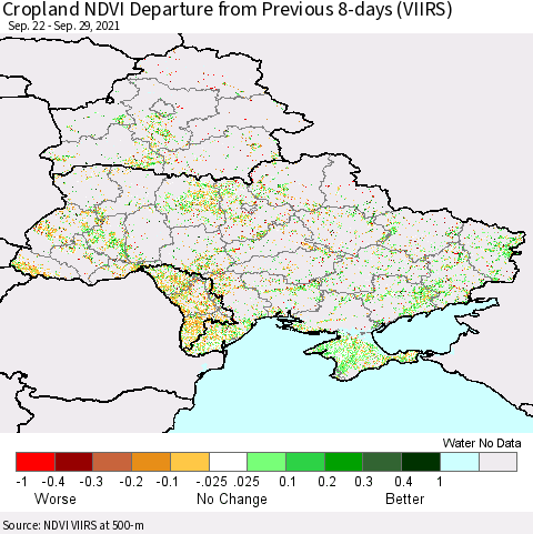 Ukraine, Moldova and Belarus Cropland NDVI Departure from Previous 8-days (VIIRS) Thematic Map For 9/22/2021 - 9/29/2021
