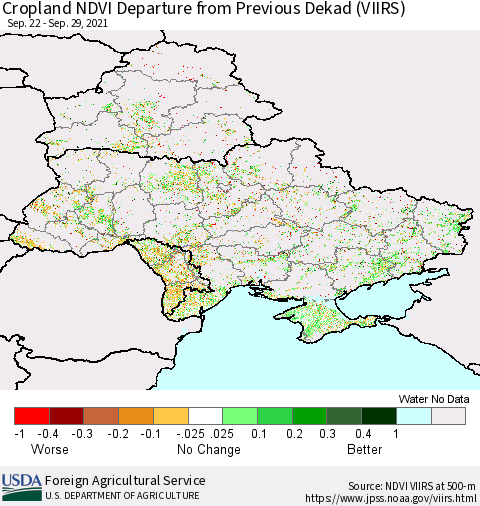 Ukraine, Moldova and Belarus Cropland NDVI Departure from Previous Dekad (VIIRS) Thematic Map For 9/21/2021 - 9/30/2021