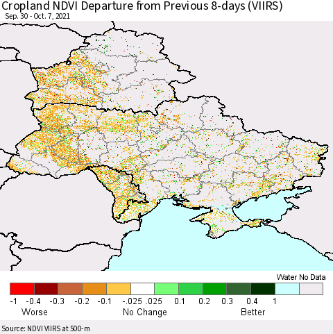 Ukraine, Moldova and Belarus Cropland NDVI Departure from Previous 8-days (VIIRS) Thematic Map For 9/30/2021 - 10/7/2021
