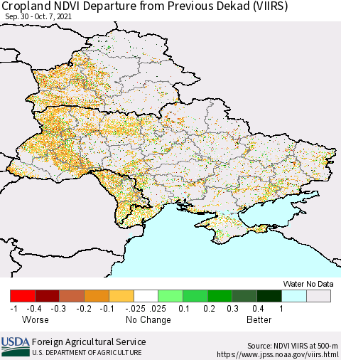 Ukraine, Moldova and Belarus Cropland NDVI Departure from Previous Dekad (VIIRS) Thematic Map For 10/1/2021 - 10/10/2021
