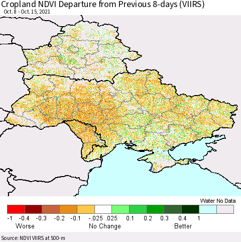 Ukraine, Moldova and Belarus Cropland NDVI Departure from Previous 8-days (VIIRS) Thematic Map For 10/8/2021 - 10/15/2021