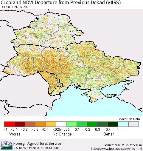 Ukraine, Moldova and Belarus Cropland NDVI Departure from Previous Dekad (VIIRS) Thematic Map For 10/11/2021 - 10/20/2021