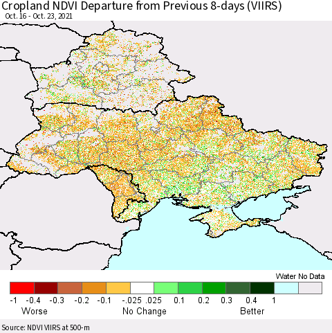 Ukraine, Moldova and Belarus Cropland NDVI Departure from Previous 8-days (VIIRS) Thematic Map For 10/16/2021 - 10/23/2021