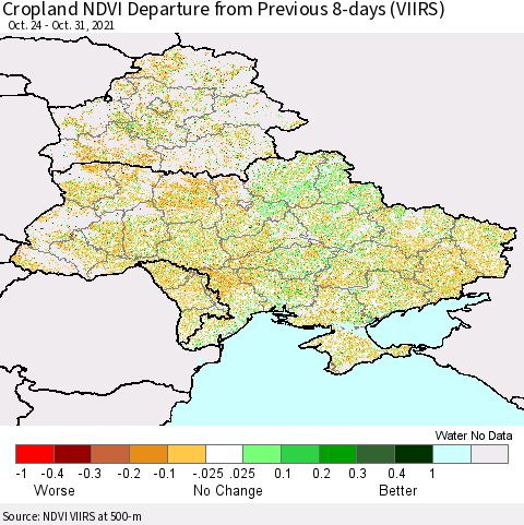 Ukraine, Moldova and Belarus Cropland NDVI Departure from Previous Dekad (VIIRS) Thematic Map For 10/21/2021 - 10/31/2021