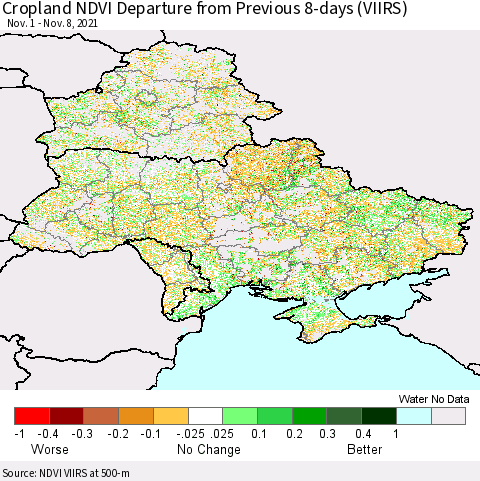 Ukraine, Moldova and Belarus Cropland NDVI Departure from Previous 8-days (VIIRS) Thematic Map For 11/1/2021 - 11/8/2021