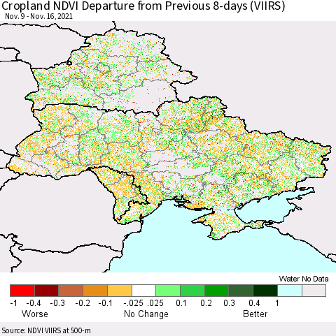 Ukraine, Moldova and Belarus Cropland NDVI Departure from Previous 8-days (VIIRS) Thematic Map For 11/9/2021 - 11/16/2021