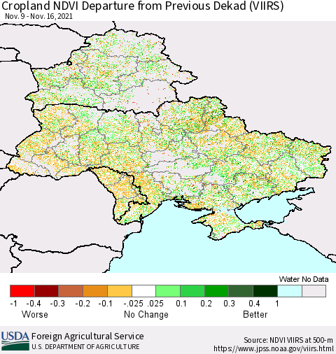 Ukraine, Moldova and Belarus Cropland NDVI Departure from Previous Dekad (VIIRS) Thematic Map For 11/11/2021 - 11/20/2021