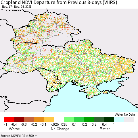 Ukraine, Moldova and Belarus Cropland NDVI Departure from Previous 8-days (VIIRS) Thematic Map For 11/17/2021 - 11/24/2021