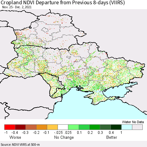 Ukraine, Moldova and Belarus Cropland NDVI Departure from Previous 8-days (VIIRS) Thematic Map For 11/25/2021 - 12/2/2021
