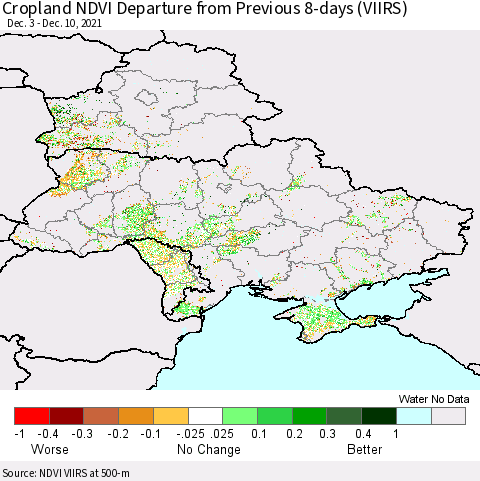 Ukraine, Moldova and Belarus Cropland NDVI Departure from Previous Dekad (VIIRS) Thematic Map For 12/1/2021 - 12/10/2021
