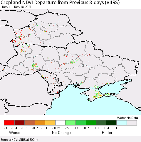 Ukraine, Moldova and Belarus Cropland NDVI Departure from Previous 8-days (VIIRS) Thematic Map For 12/11/2021 - 12/18/2021