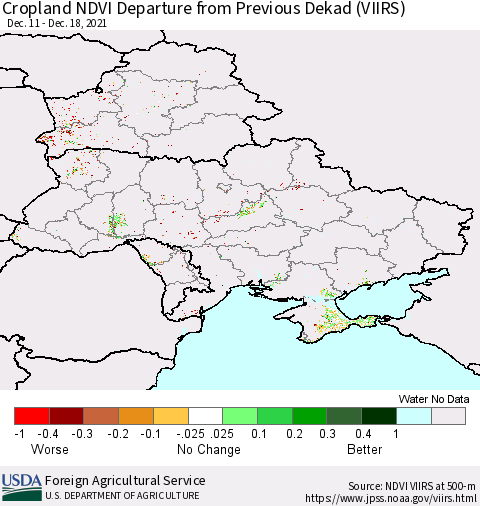 Ukraine, Moldova and Belarus Cropland NDVI Departure from Previous Dekad (VIIRS) Thematic Map For 12/11/2021 - 12/20/2021