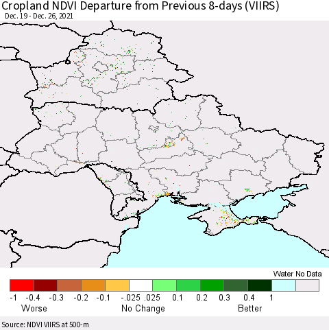 Ukraine, Moldova and Belarus Cropland NDVI Departure from Previous 8-days (VIIRS) Thematic Map For 12/19/2021 - 12/26/2021