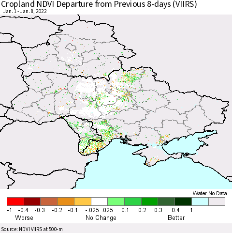 Ukraine, Moldova and Belarus Cropland NDVI Departure from Previous 8-days (VIIRS) Thematic Map For 1/1/2022 - 1/8/2022