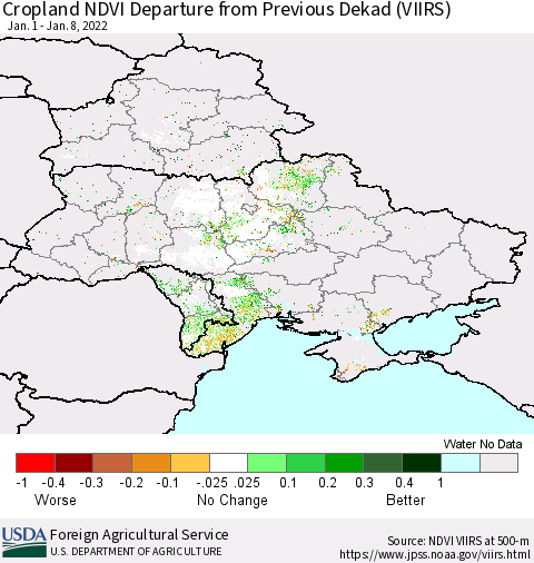 Ukraine, Moldova and Belarus Cropland NDVI Departure from Previous Dekad (VIIRS) Thematic Map For 1/1/2022 - 1/10/2022