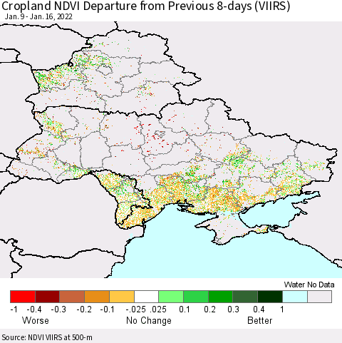 Ukraine, Moldova and Belarus Cropland NDVI Departure from Previous 8-days (VIIRS) Thematic Map For 1/9/2022 - 1/16/2022