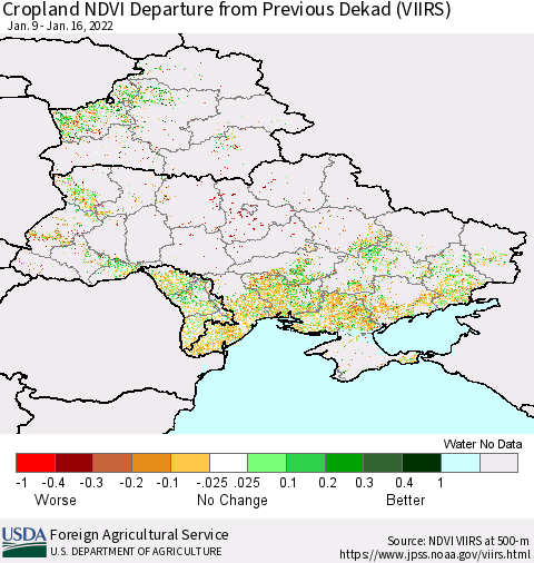 Ukraine, Moldova and Belarus Cropland NDVI Departure from Previous Dekad (VIIRS) Thematic Map For 1/11/2022 - 1/20/2022