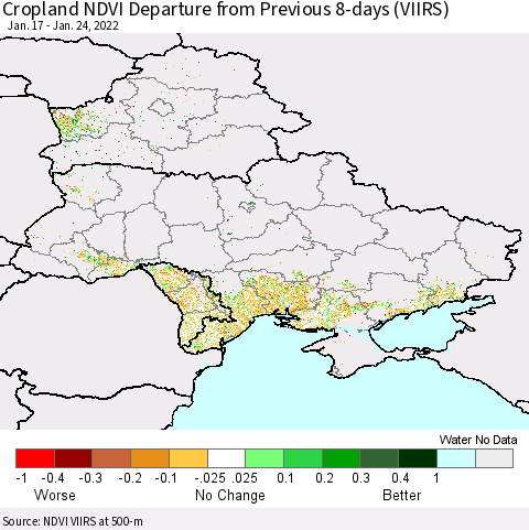 Ukraine, Moldova and Belarus Cropland NDVI Departure from Previous 8-days (VIIRS) Thematic Map For 1/17/2022 - 1/24/2022