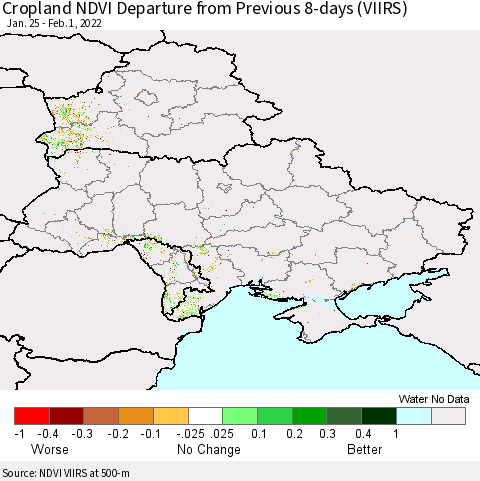 Ukraine, Moldova and Belarus Cropland NDVI Departure from Previous 8-days (VIIRS) Thematic Map For 1/25/2022 - 2/1/2022