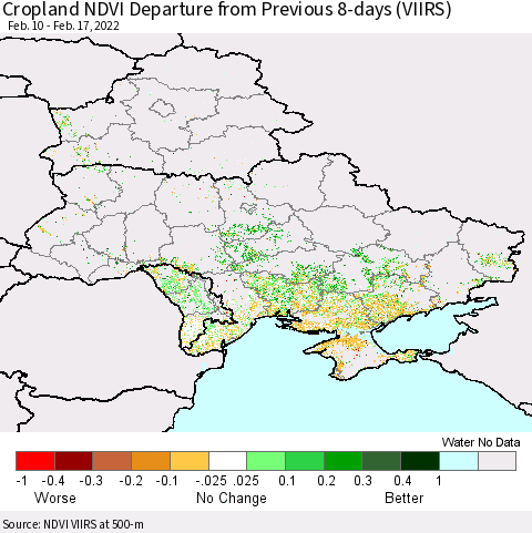 Ukraine, Moldova and Belarus Cropland NDVI Departure from Previous 8-days (VIIRS) Thematic Map For 2/10/2022 - 2/17/2022