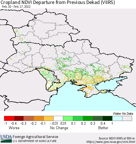 Ukraine, Moldova and Belarus Cropland NDVI Departure from Previous Dekad (VIIRS) Thematic Map For 2/11/2022 - 2/20/2022