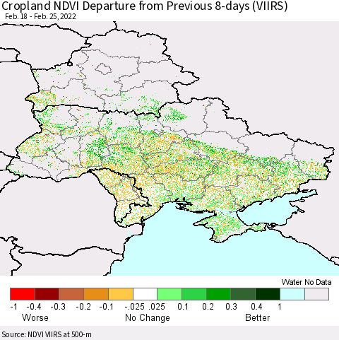 Ukraine, Moldova and Belarus Cropland NDVI Departure from Previous 8-days (VIIRS) Thematic Map For 2/18/2022 - 2/25/2022