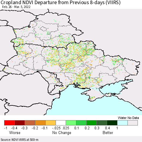 Ukraine, Moldova and Belarus Cropland NDVI Departure from Previous 8-days (VIIRS) Thematic Map For 2/26/2022 - 3/5/2022