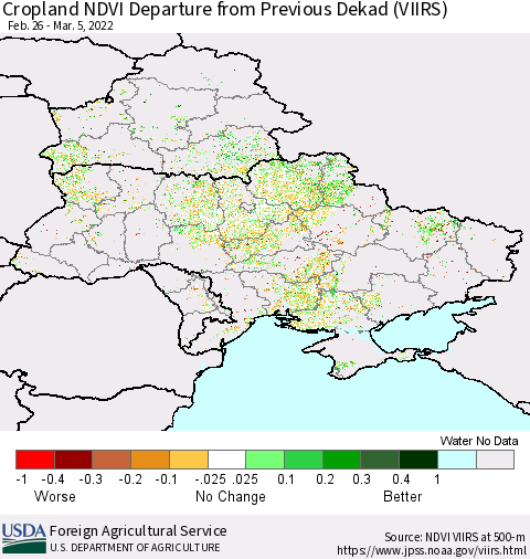 Ukraine, Moldova and Belarus Cropland NDVI Departure from Previous Dekad (VIIRS) Thematic Map For 3/1/2022 - 3/10/2022