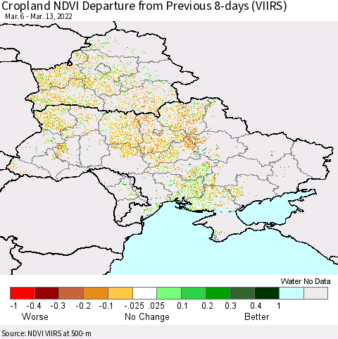 Ukraine, Moldova and Belarus Cropland NDVI Departure from Previous 8-days (VIIRS) Thematic Map For 3/6/2022 - 3/13/2022