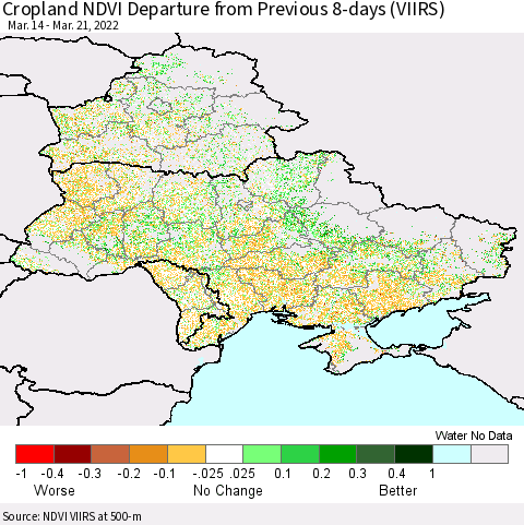 Ukraine, Moldova and Belarus Cropland NDVI Departure from Previous 8-days (VIIRS) Thematic Map For 3/14/2022 - 3/21/2022