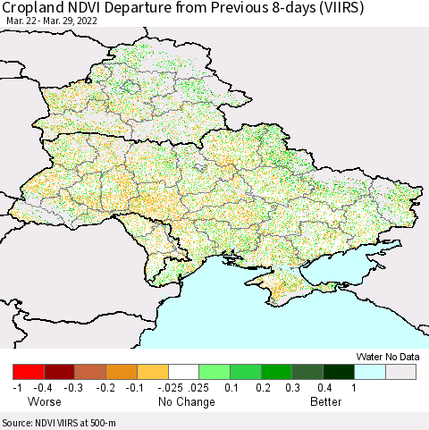 Ukraine, Moldova and Belarus Cropland NDVI Departure from Previous 8-days (VIIRS) Thematic Map For 3/22/2022 - 3/29/2022