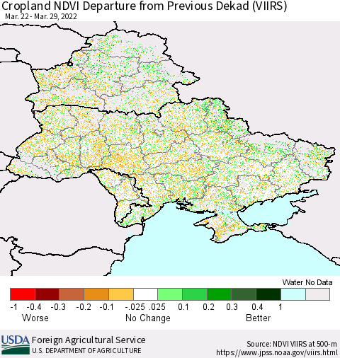 Ukraine, Moldova and Belarus Cropland NDVI Departure from Previous Dekad (VIIRS) Thematic Map For 3/21/2022 - 3/31/2022