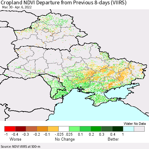 Ukraine, Moldova and Belarus Cropland NDVI Departure from Previous 8-days (VIIRS) Thematic Map For 3/30/2022 - 4/6/2022