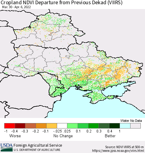 Ukraine, Moldova and Belarus Cropland NDVI Departure from Previous Dekad (VIIRS) Thematic Map For 4/1/2022 - 4/10/2022