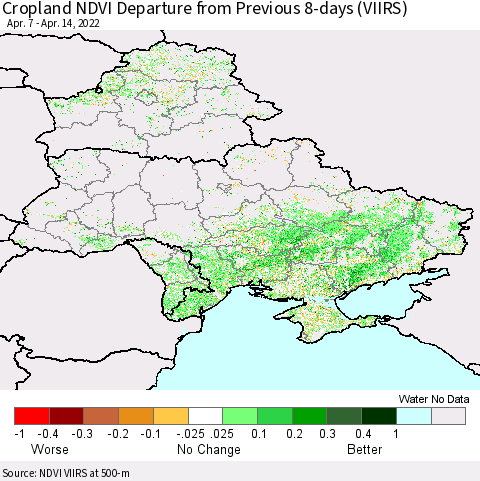 Ukraine, Moldova and Belarus Cropland NDVI Departure from Previous 8-days (VIIRS) Thematic Map For 4/7/2022 - 4/14/2022