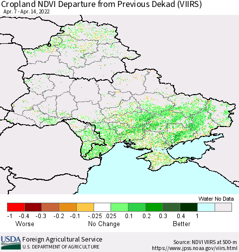 Ukraine, Moldova and Belarus Cropland NDVI Departure from Previous Dekad (VIIRS) Thematic Map For 4/11/2022 - 4/20/2022