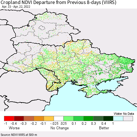Ukraine, Moldova and Belarus Cropland NDVI Departure from Previous 8-days (VIIRS) Thematic Map For 4/15/2022 - 4/22/2022