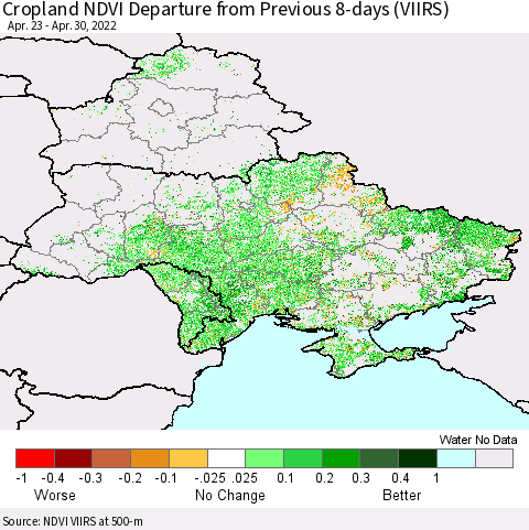Ukraine, Moldova and Belarus Cropland NDVI Departure from Previous Dekad (VIIRS) Thematic Map For 4/21/2022 - 4/30/2022