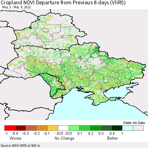 Ukraine, Moldova and Belarus Cropland NDVI Departure from Previous 8-days (VIIRS) Thematic Map For 5/1/2022 - 5/8/2022