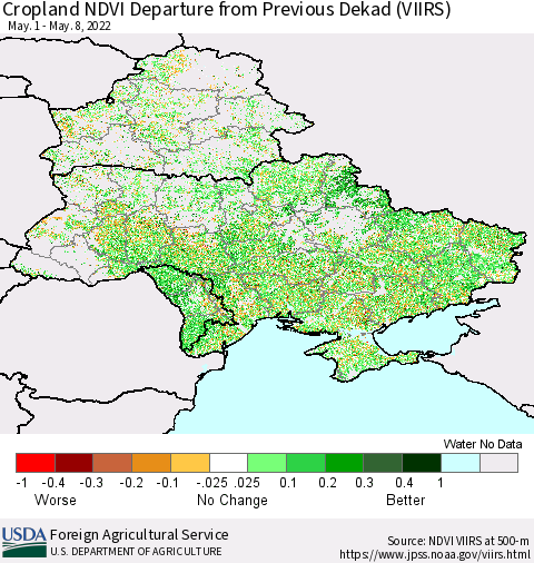 Ukraine, Moldova and Belarus Cropland NDVI Departure from Previous Dekad (VIIRS) Thematic Map For 5/1/2022 - 5/10/2022