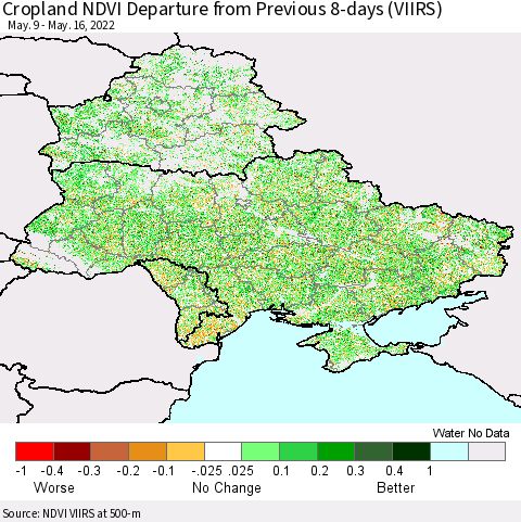 Ukraine, Moldova and Belarus Cropland NDVI Departure from Previous 8-days (VIIRS) Thematic Map For 5/9/2022 - 5/16/2022