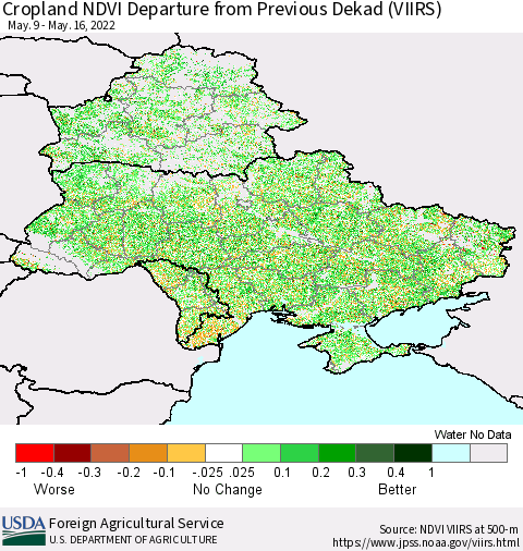 Ukraine, Moldova and Belarus Cropland NDVI Departure from Previous Dekad (VIIRS) Thematic Map For 5/11/2022 - 5/20/2022