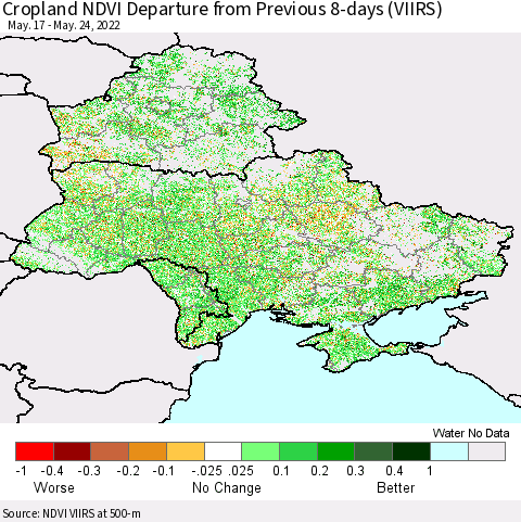 Ukraine, Moldova and Belarus Cropland NDVI Departure from Previous 8-days (VIIRS) Thematic Map For 5/17/2022 - 5/24/2022