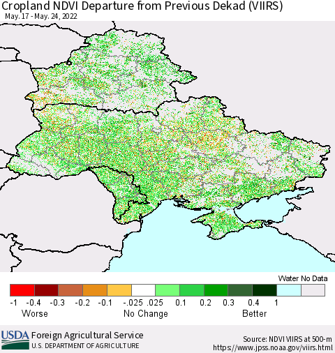 Ukraine, Moldova and Belarus Cropland NDVI Departure from Previous Dekad (VIIRS) Thematic Map For 5/21/2022 - 5/31/2022