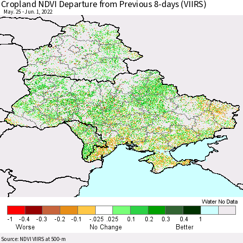 Ukraine, Moldova and Belarus Cropland NDVI Departure from Previous 8-days (VIIRS) Thematic Map For 5/25/2022 - 6/1/2022