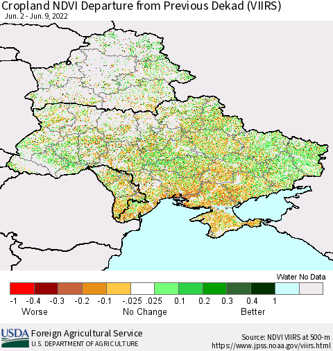 Ukraine, Moldova and Belarus Cropland NDVI Departure from Previous Dekad (VIIRS) Thematic Map For 6/1/2022 - 6/10/2022