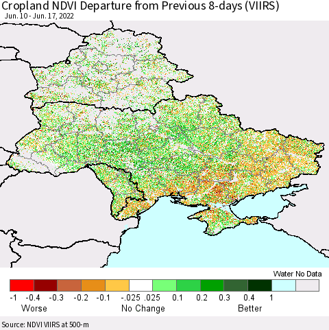 Ukraine, Moldova and Belarus Cropland NDVI Departure from Previous 8-days (VIIRS) Thematic Map For 6/10/2022 - 6/17/2022